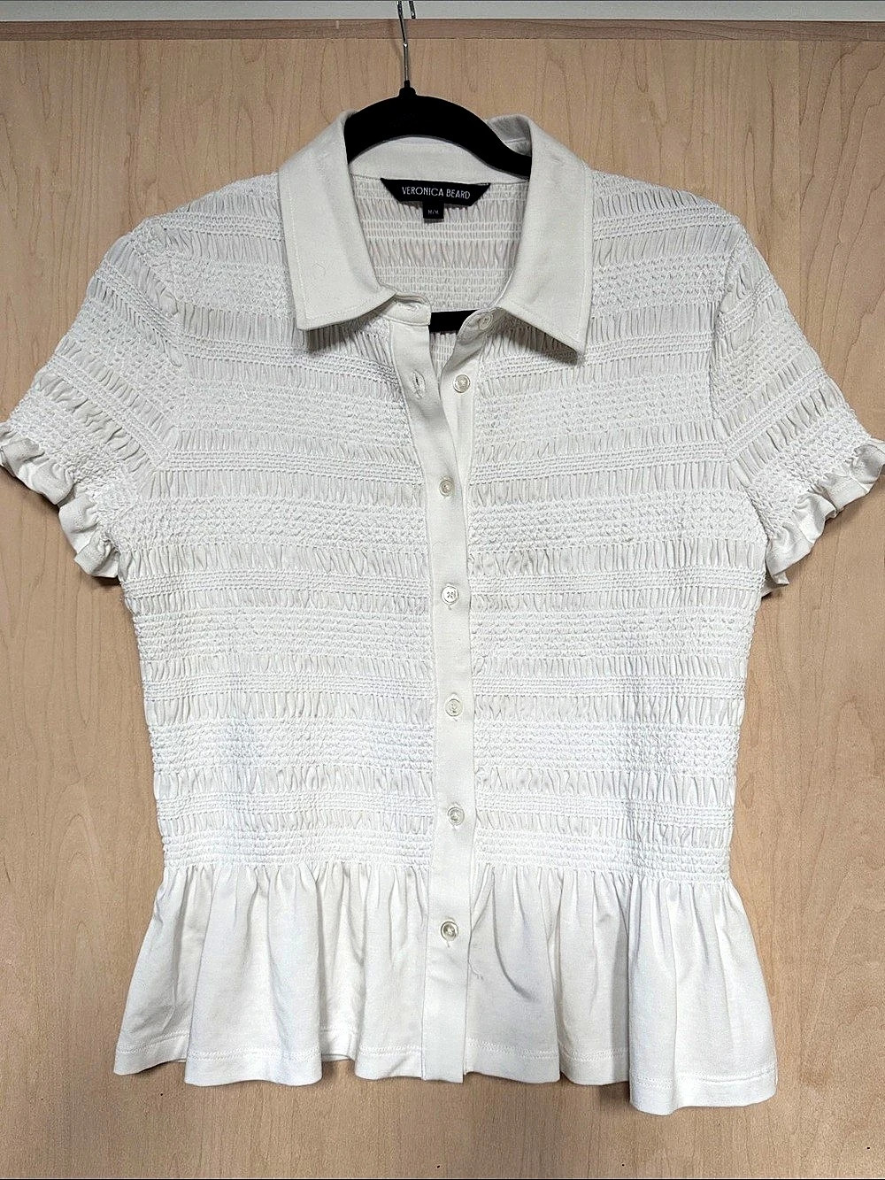 Veronica Beard Ellisandra Smocked Short-Sleeve Top White Medium